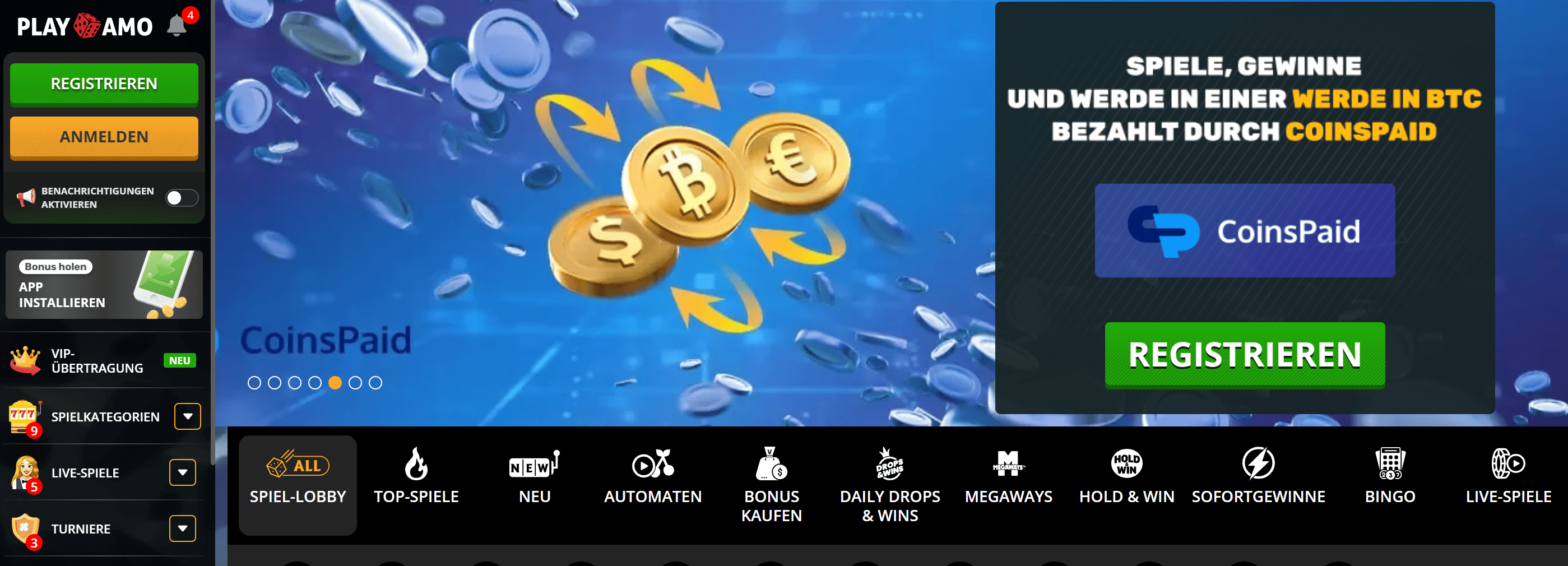 PlayAmo Casino – Screenshot der Spielhalle mit PayPal-Auszahlung