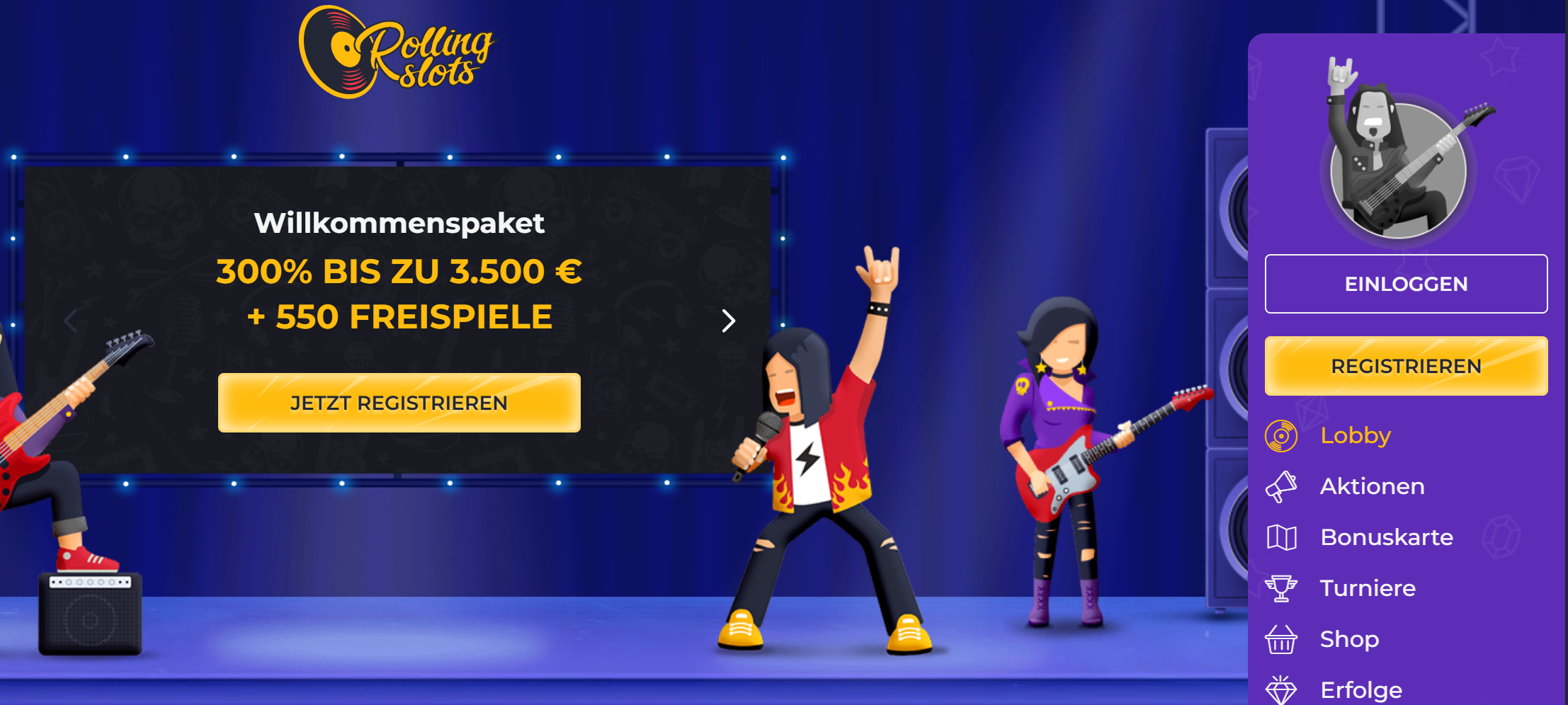 Rolling Slots Casino – Screenshot der Spielhalle mit hohen Auszahlungslimits
