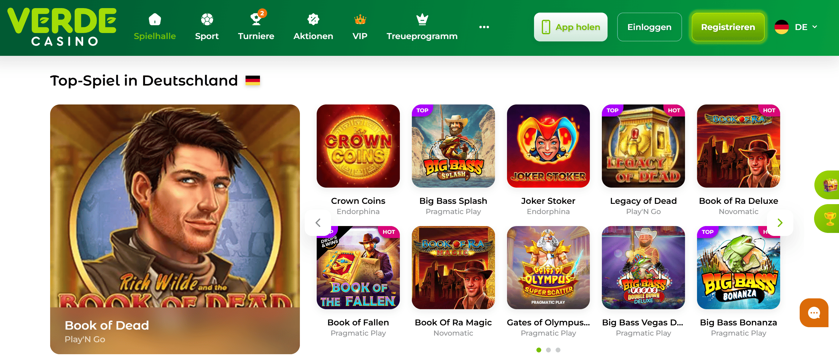 Verde Casino – Screenshot der Spielhalle mit schneller Verifizierung