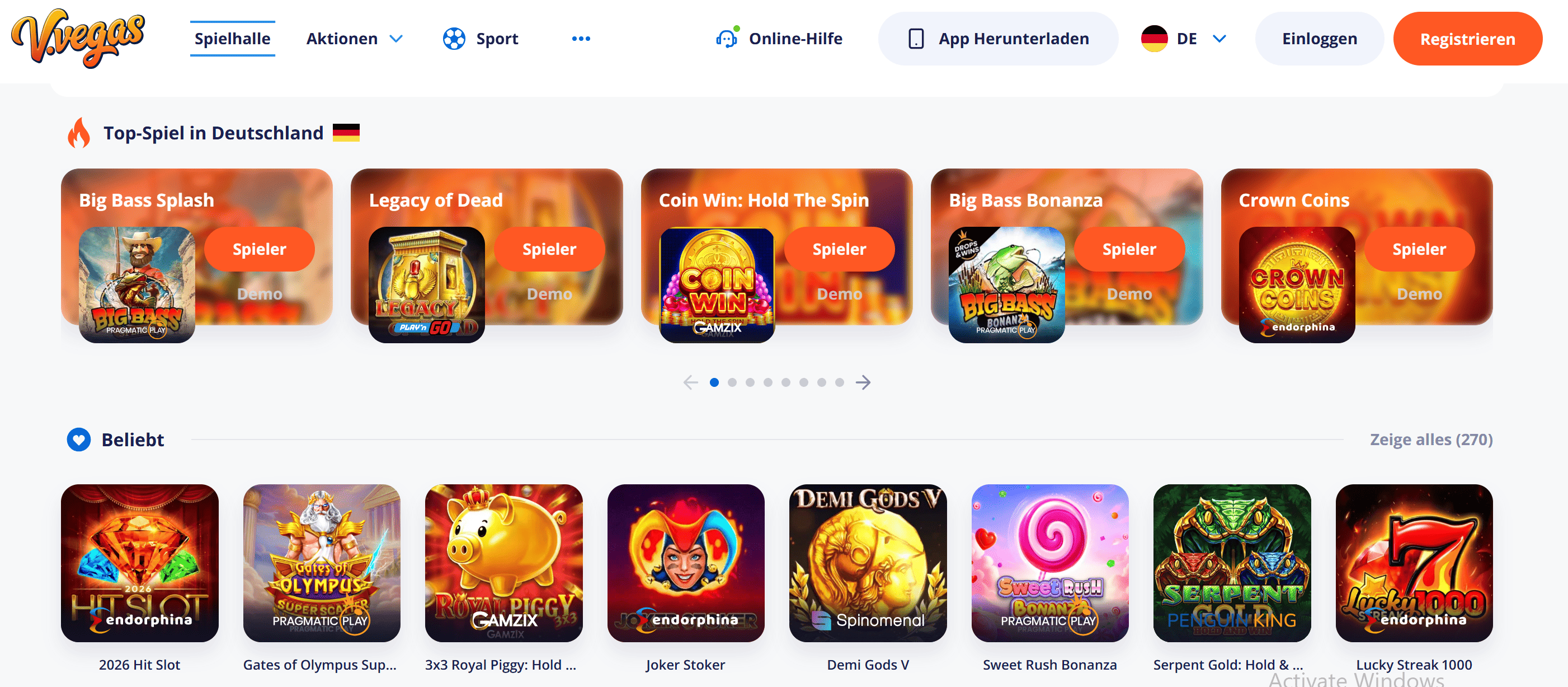 V.Vegas Casino – Screenshot der Spielhalle mit schneller Auszahlung