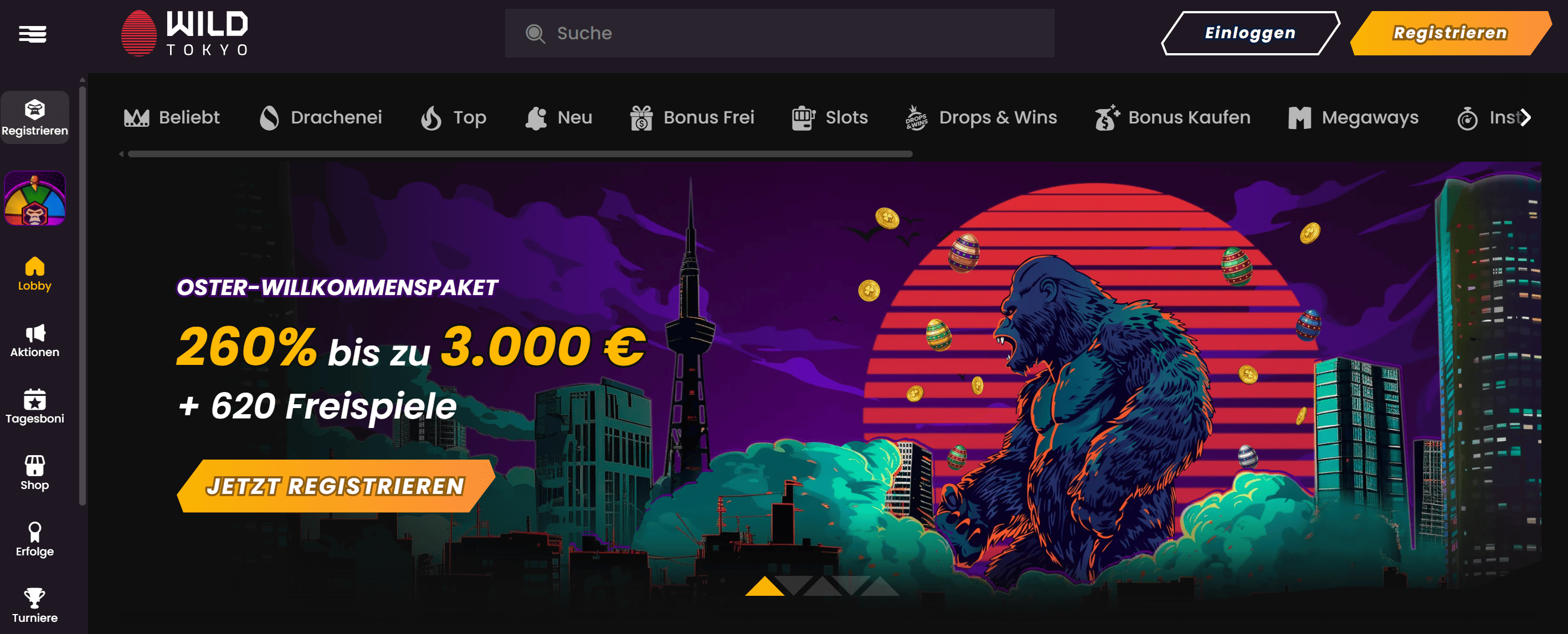 Wild Tokyo Casino – Screenshot der Spielhalle mit PayPal-Auszahlung